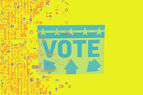 A blue sign with stars and arrows that reads "Vote."