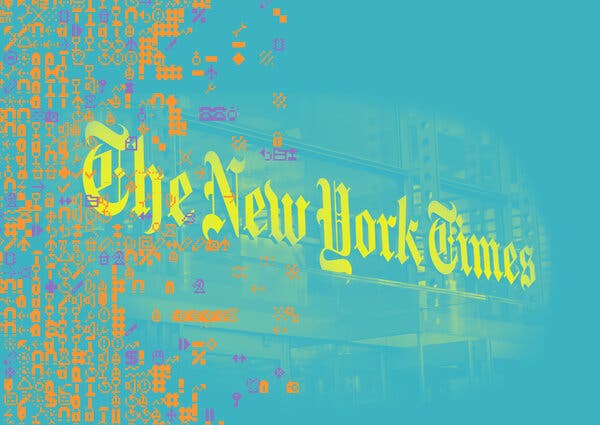 The New York Times logo in yellow against a blue background with orange and purple emojilike graphics.