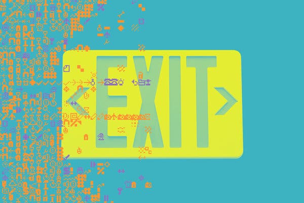 An illustration of a bright yellow exit sign on a turquoise background, with orange and purple code covering one half of the image.