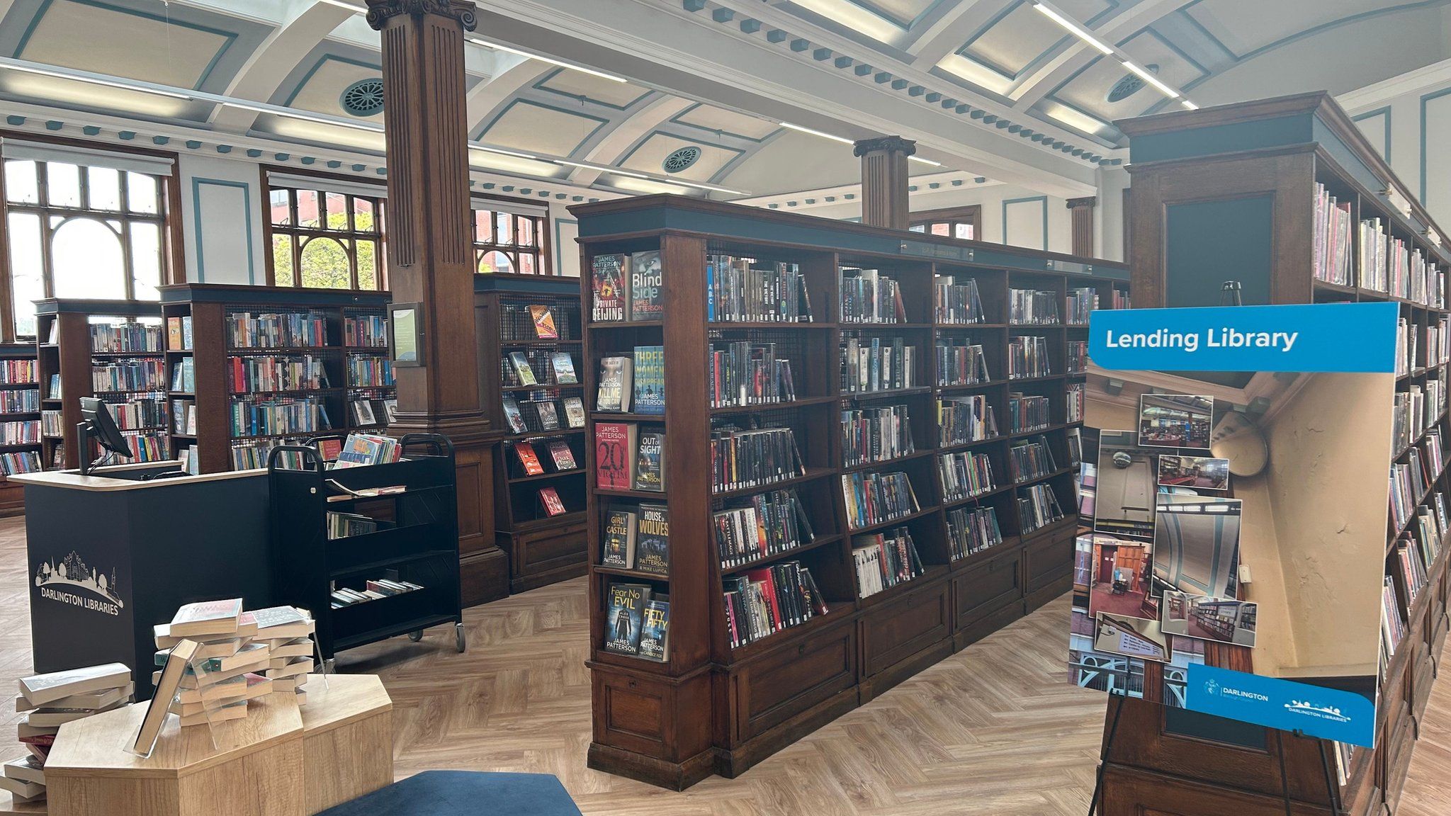 Inside the library with shelves of books