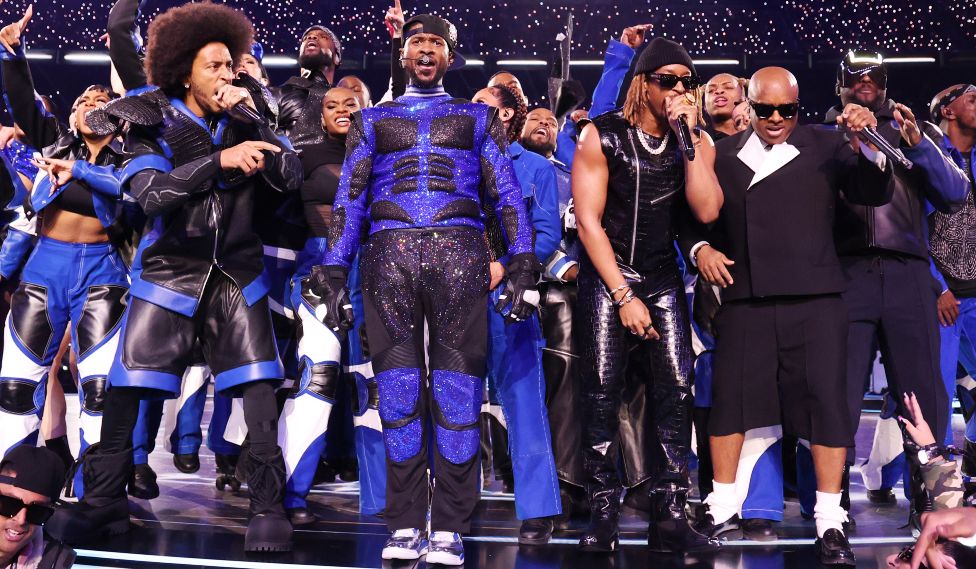 Ludacris, Usher, Lil Jon, Jermaine Dupri and will.i.am perform onstage during the Apple Music Super Bowl LVIII Halftime Show at Allegiant Stadium on February 11, 2024 in Las Vegas, Nevada