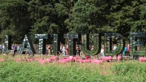 Stuart Howells/BBC A large reflective sign which says Latitude with pink sheep grazing in front of it