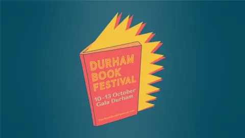 Durham Book Festival The Durham Book Festival logo, featuring a book being opened and yellow light shining out of the pages. It reads "Durham Book Festival, 10- 13 October."