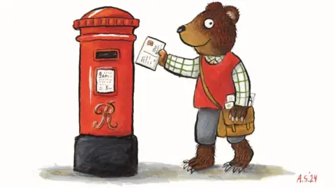 Axel Scheffler A children's illustration of a humanised bear, smiling and standing on  two feet, wearing human clothes and posting a letter in a red post box