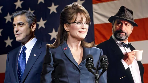 Yun Sun Park/ BBC/ Alamy A collage of George Clooney, Julianne Moore and Robert Di Nero in front of an American flag (Credit: Yun Sun Park/ BBC/ Alamy)