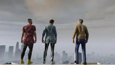 Tull Stories Crane, Grylls and Oosterveen overlooking the sprawling skyline of GTA's virtual city, Los Santos