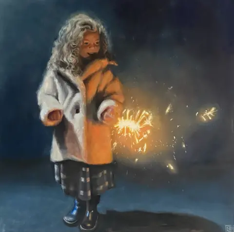 Makenzy Beard A painting of a young girl wearing a coat and holding a sparkler.