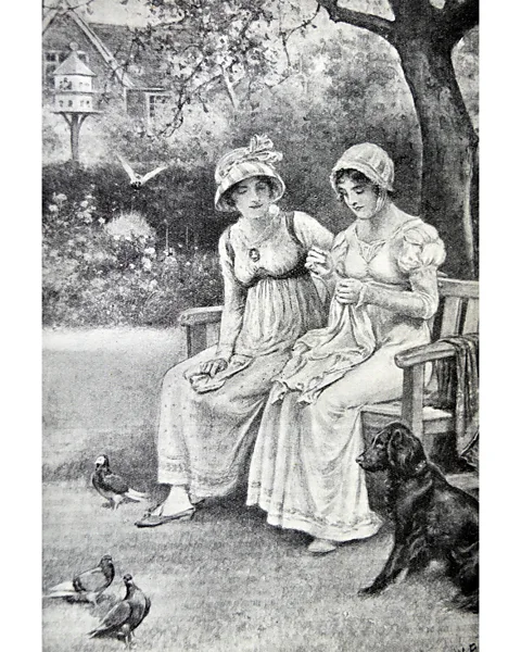 Getty Images An engraving of Jane and Cassandra doing needlework together, dated 1810 (Credit: Getty Images)