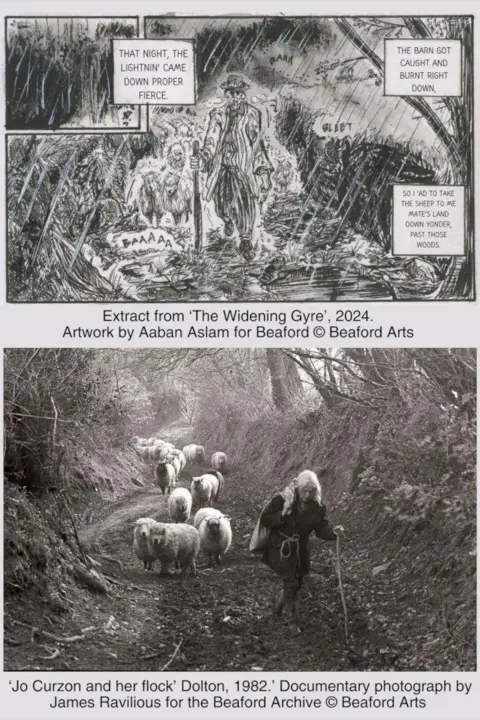 Beaford Arts The picture shows two images size-by-side a photo of a woman with her flock of sheep by James Ravilious next to Aaban's sketch for his book which is influenced by the photo.