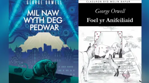 Melin Bapur Books/Rowynn Ellis/Massimo Carulli Cover pages of Mil Naw Wyth Deg Pedwar (1984) and Foel yr Anifeiliaid (animal Farm) side by side. The 1984 cover featyres a rat on a wall in the foreground, with its legs on a poster that says 1984. The image is set against the backdrop of tall buildings in green and blue and a large monolothic yellow-coloured building at the back which towers over the other buildings. The cover image for Animal Farm is a drawing of a donkey, horse, hen and goat looking into a window and two pigs in a suit and bow tie looking out at them