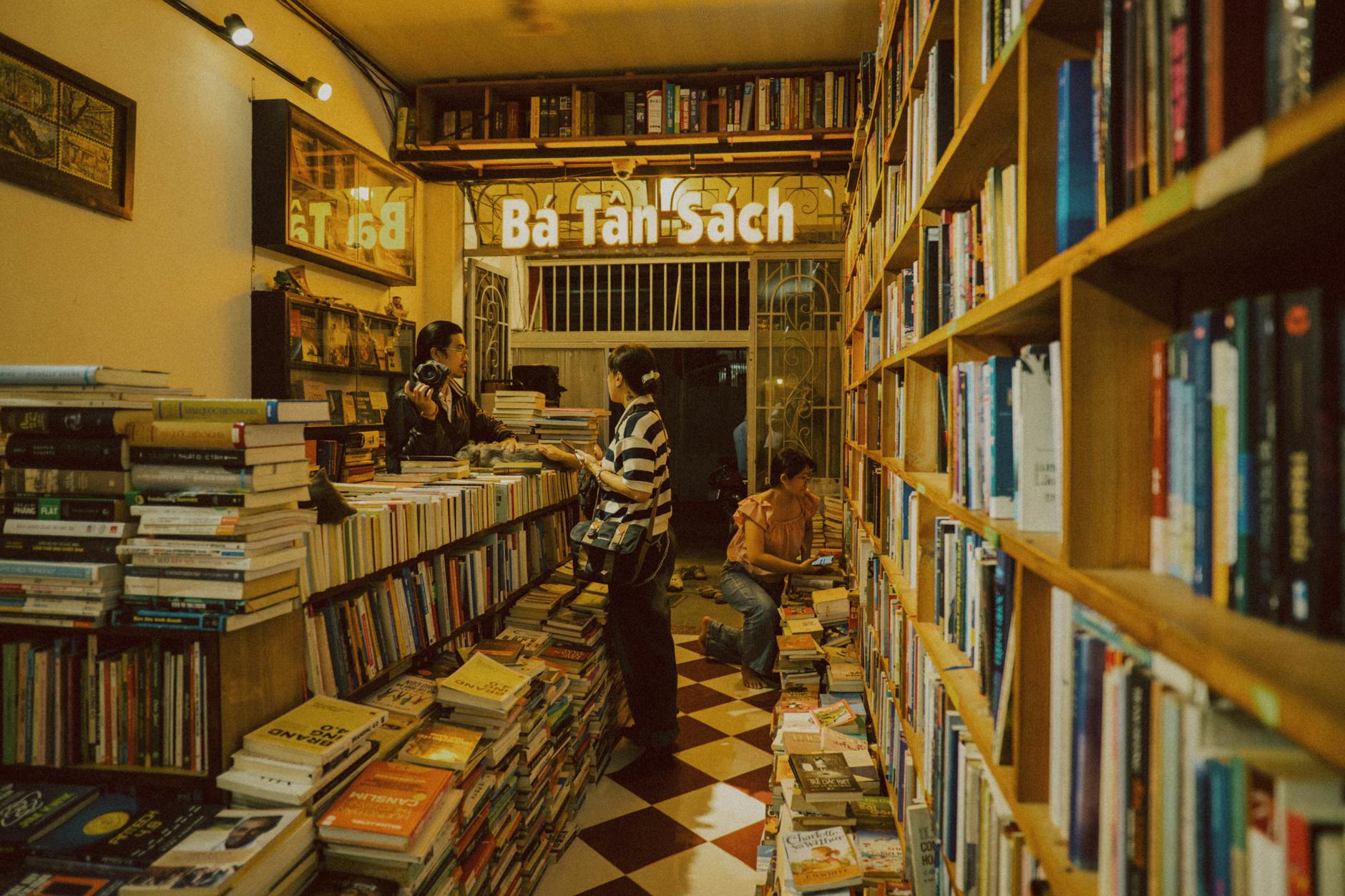 Interior view of an independent bookstore with shelves of books and reading areas
