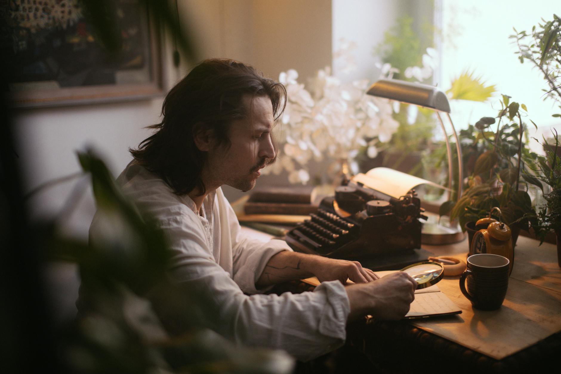 Author typing on laptop computer at desk with books and coffee