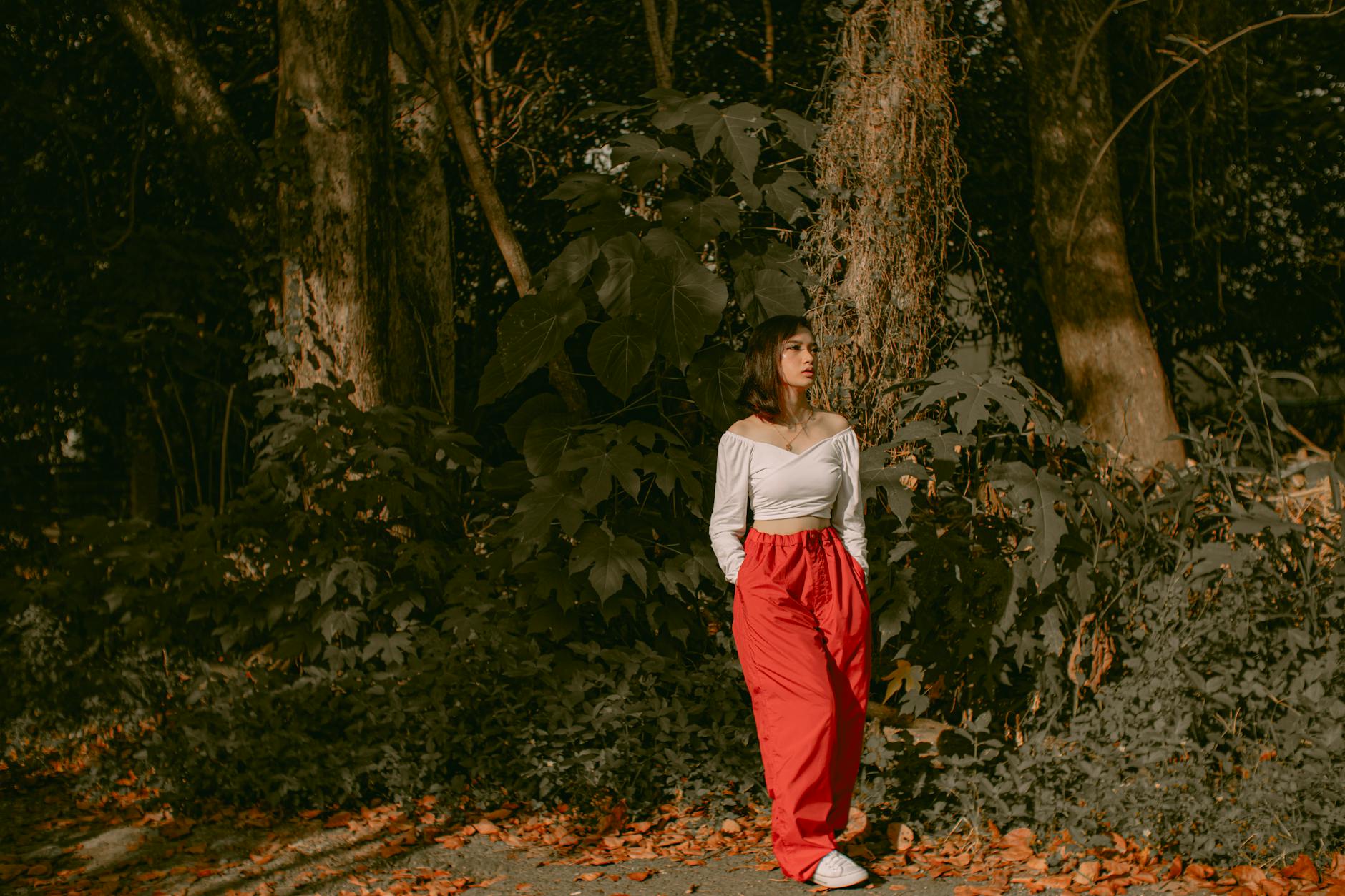 Close-up view of cargo pants showing utility pockets and relaxed fit