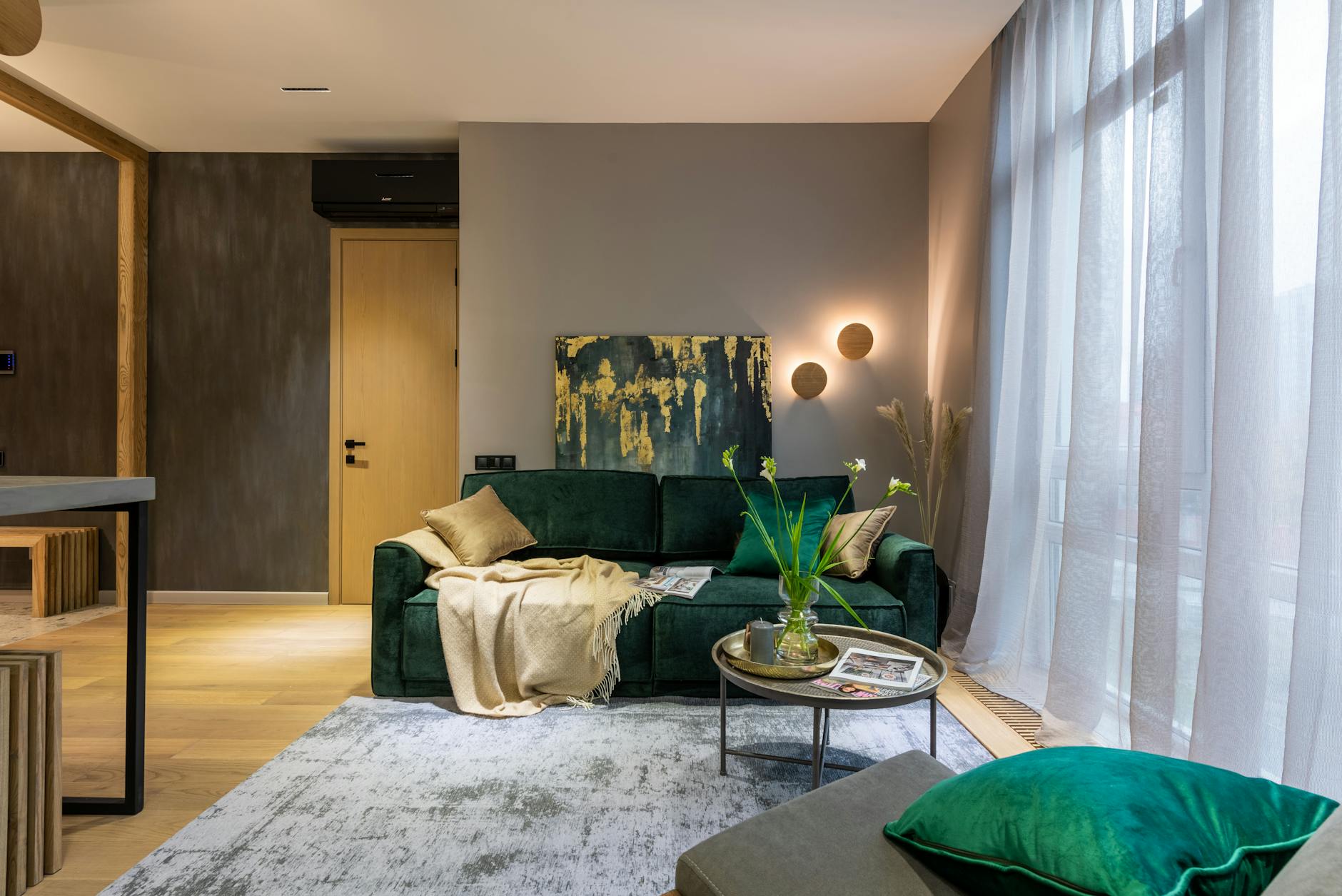 Contemporary living room with integrated smart home technology and decor