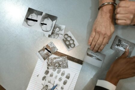 Police officers reviewing case files and evidence in investigation room