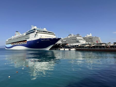 Large cruise ship docked at port with emergency vehicles nearby