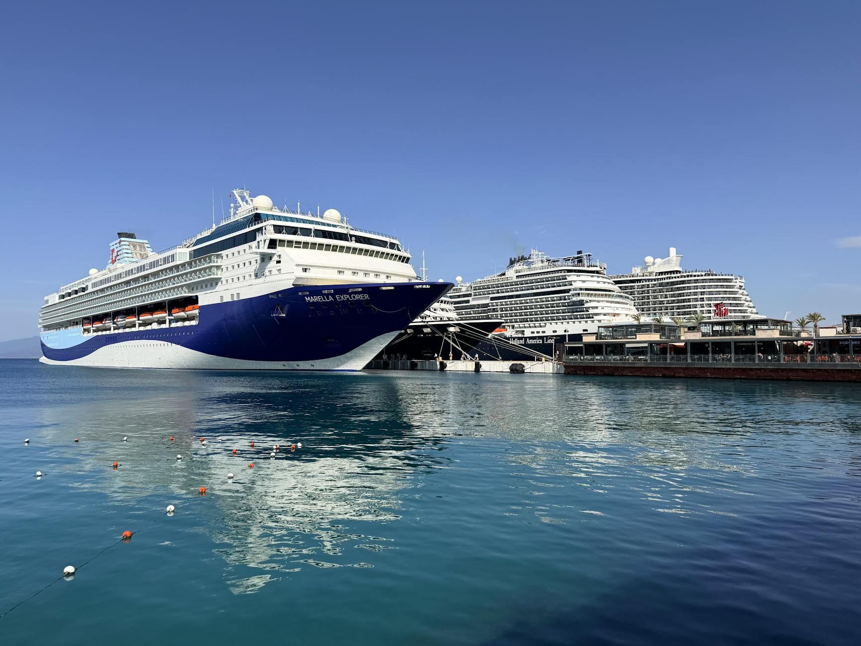 Large cruise ship docked at port with emergency vehicles nearby