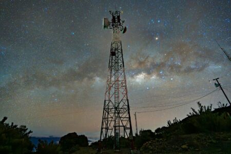Network of satellites orbiting Earth in formation