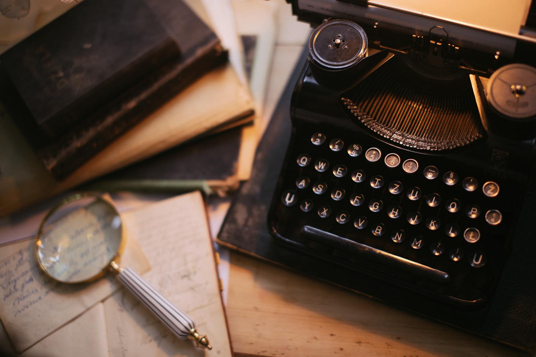 Vintage typewriter on a writer's wooden desk with manuscript pages
