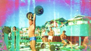 Person performing a compound strength exercise in a gym setting