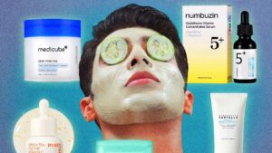 Arranged Korean skincare products including toner, essence, and moisturizer on a clean surface