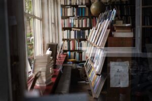 Books, Zines, and AI Slop: Rows of weathered books on wooden shelves in a dim independent bookshop