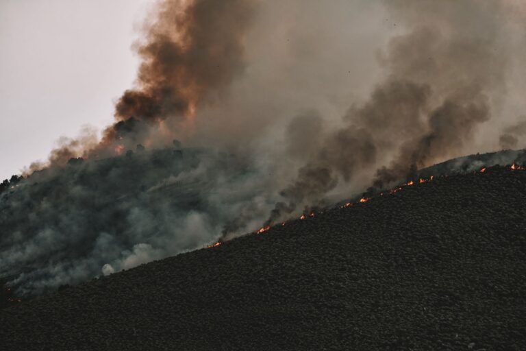 Smoke and flames rising over dry hillside terrain during an active wildfire