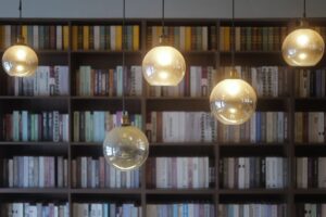 Rows of old books on wooden library shelves, evoking early twentieth century public libraries