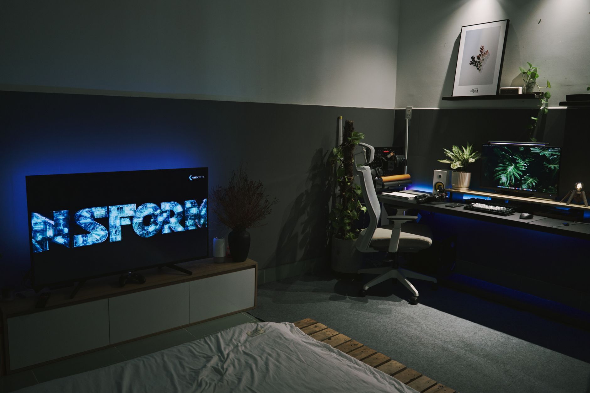 A television screen glowing in a dark room, viewed from behind a silhouetted figure