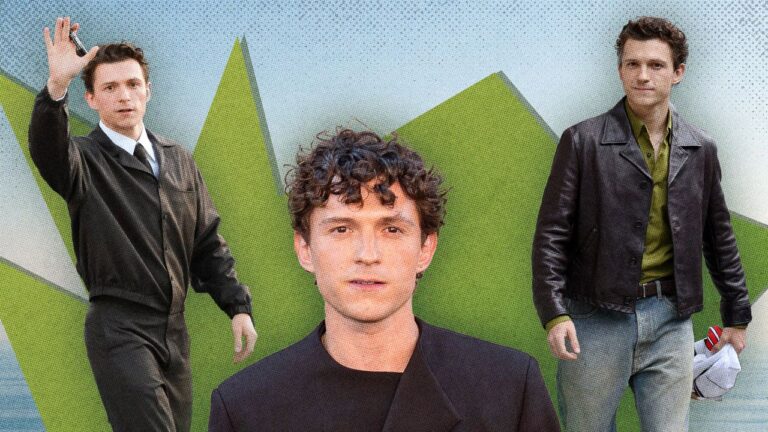 Tom Holland Brings Bold Style to His Odyssey Press Tour Male actor posing on a red carpet in sharp tailored suit