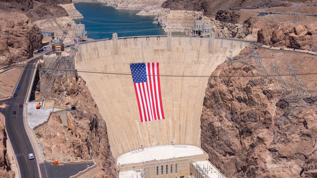 Aerial view of the Hoover Dam and surrounding canyon landscape