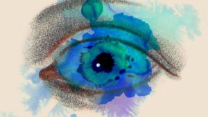Extreme close-up of a human eye with a detailed iris, illustrating the focus of keratopigmentation surgery