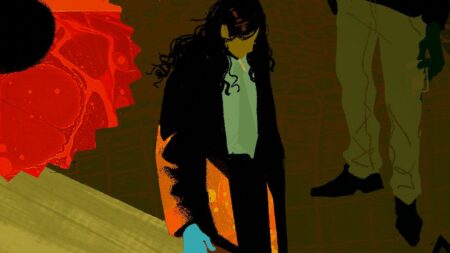 A woman standing in dramatic shadow, suggesting tension and isolation