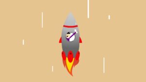 A rocket launching into a dark sky from a coastal launch pad