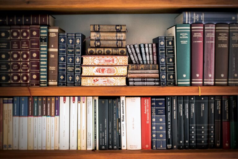 A shelf of worn vintage books with varied spines in warm library light