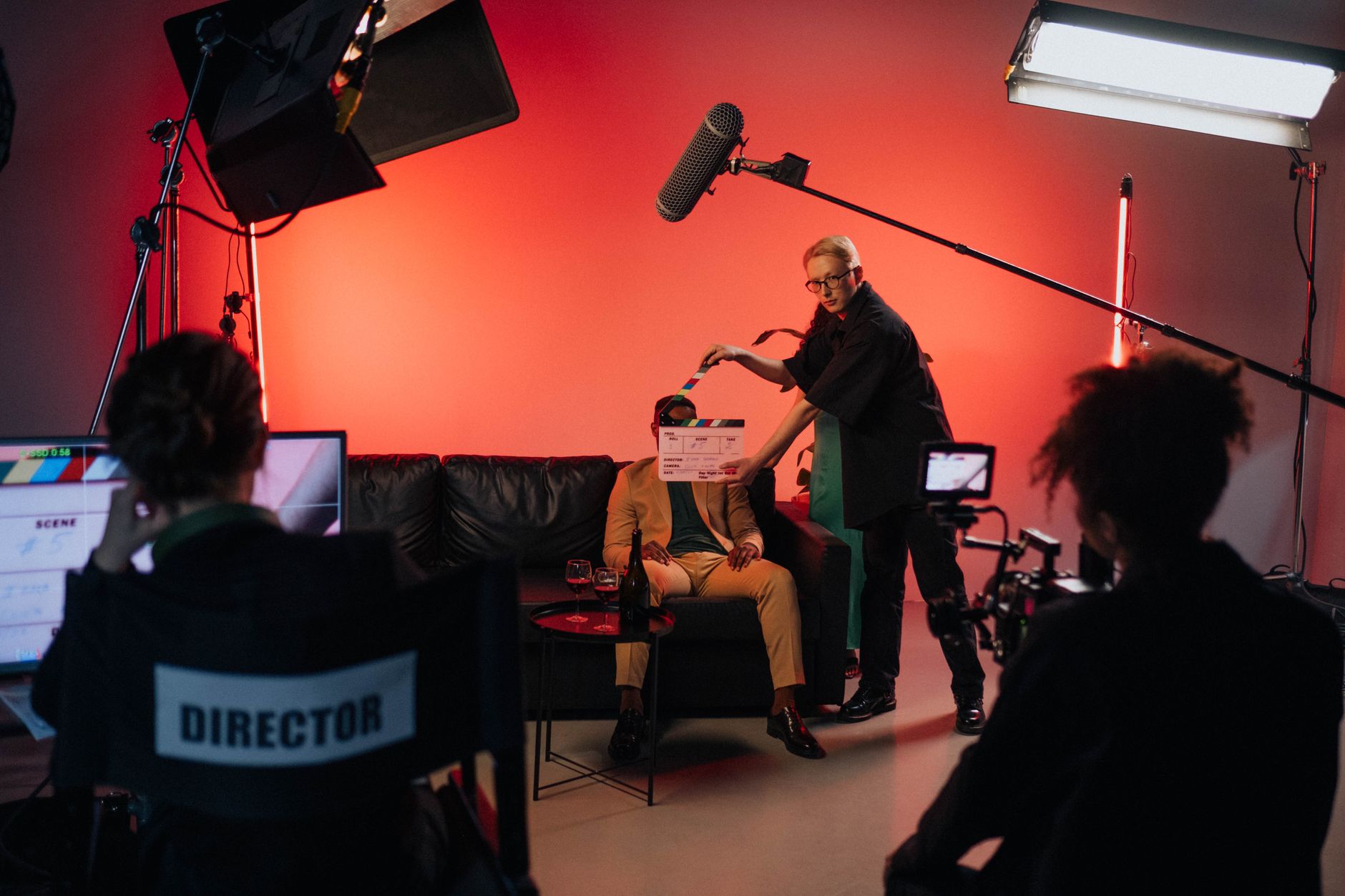 A film clapperboard on a movie set representing screen adaptation production