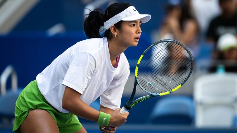 At 21, Alex Eala Is Chasing the U.S. Open for the Philippines A young tennis player preparing to serve on a hard court during a major tournament