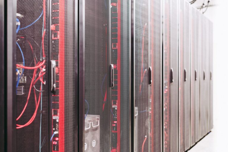 Rows of server hardware in a modern data center rack