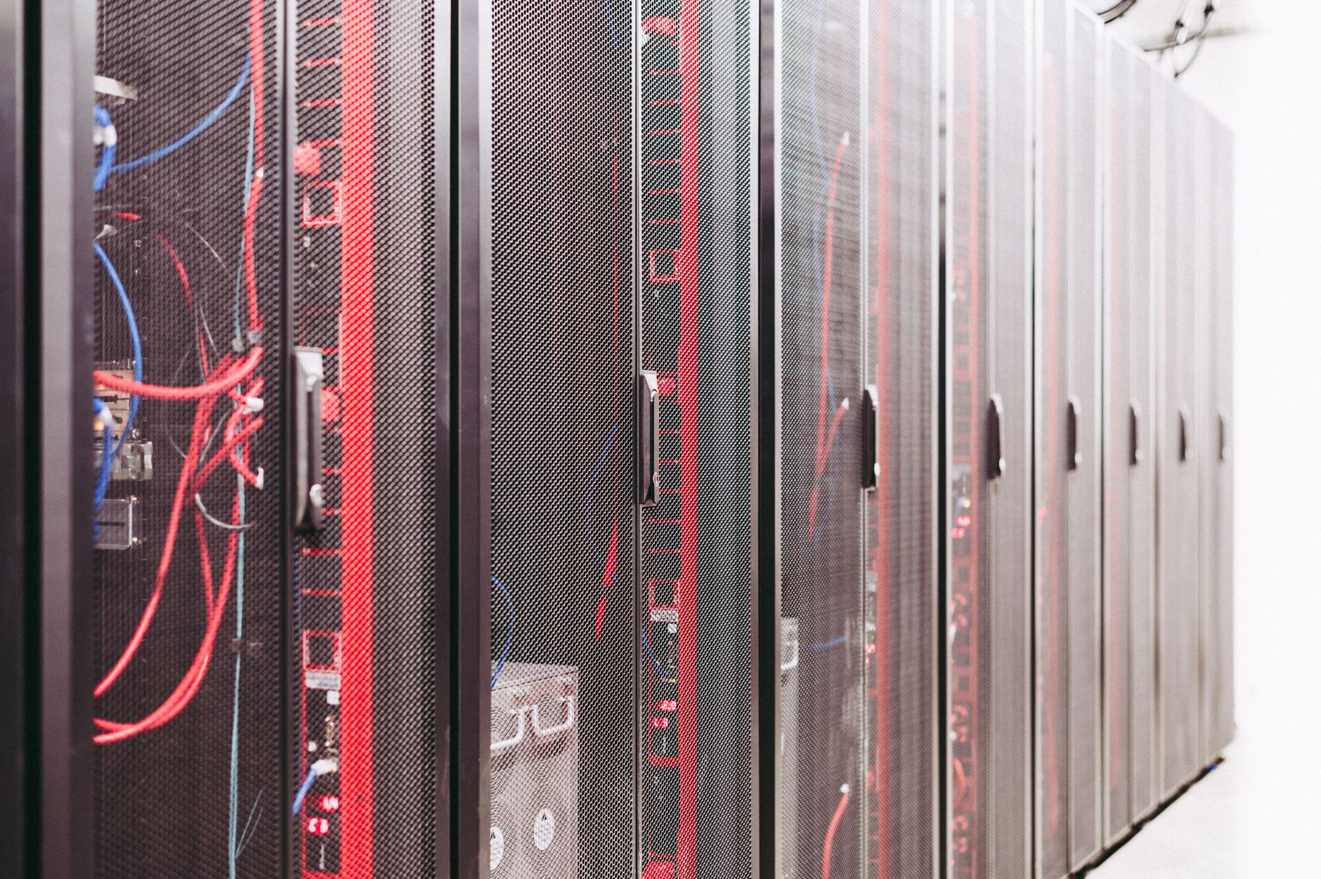 Rows of server hardware in a modern data center rack