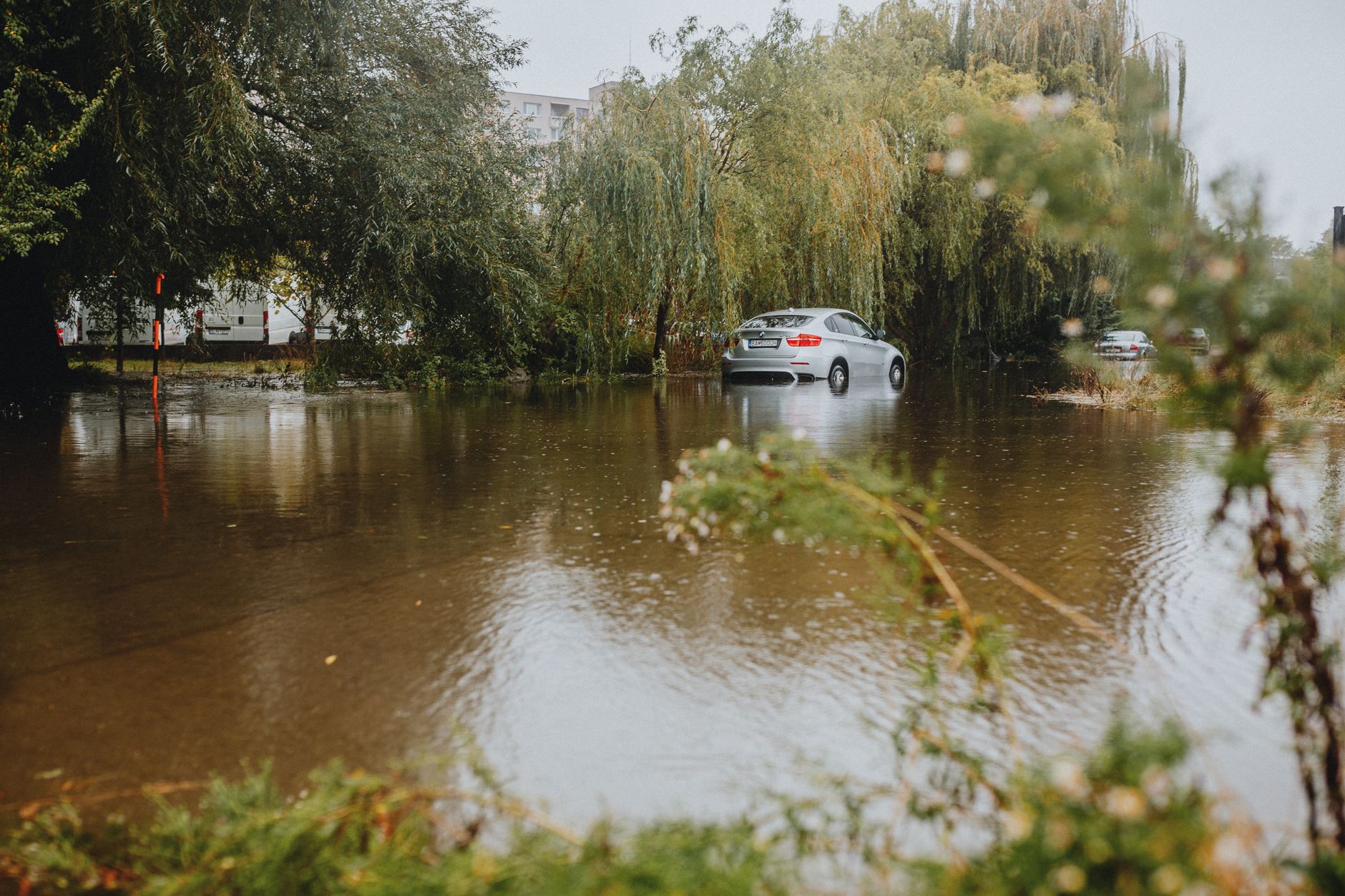 Urban street flooded with water after a major storm event
