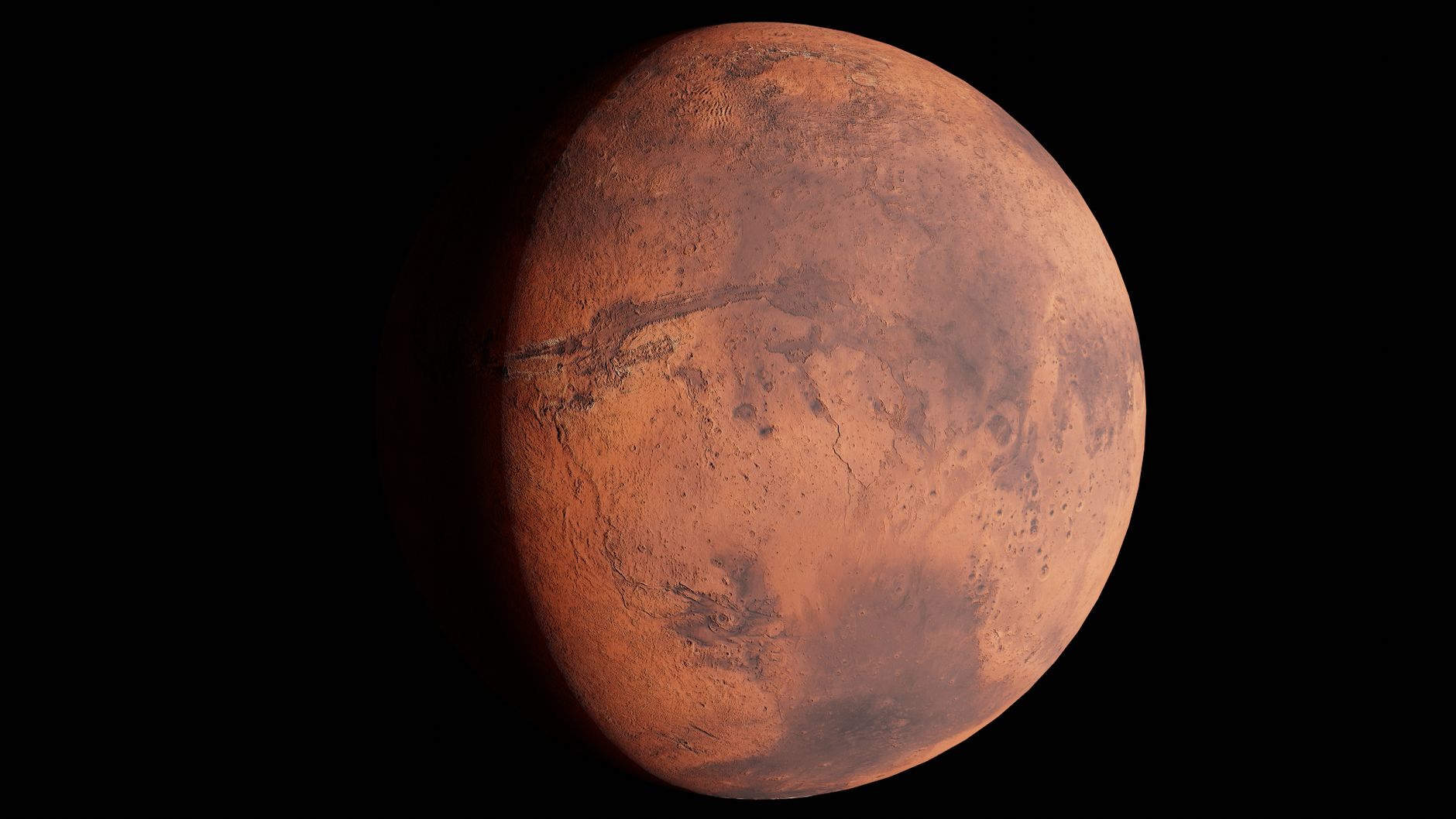 Rocky cratered planetary surface photographed from orbit