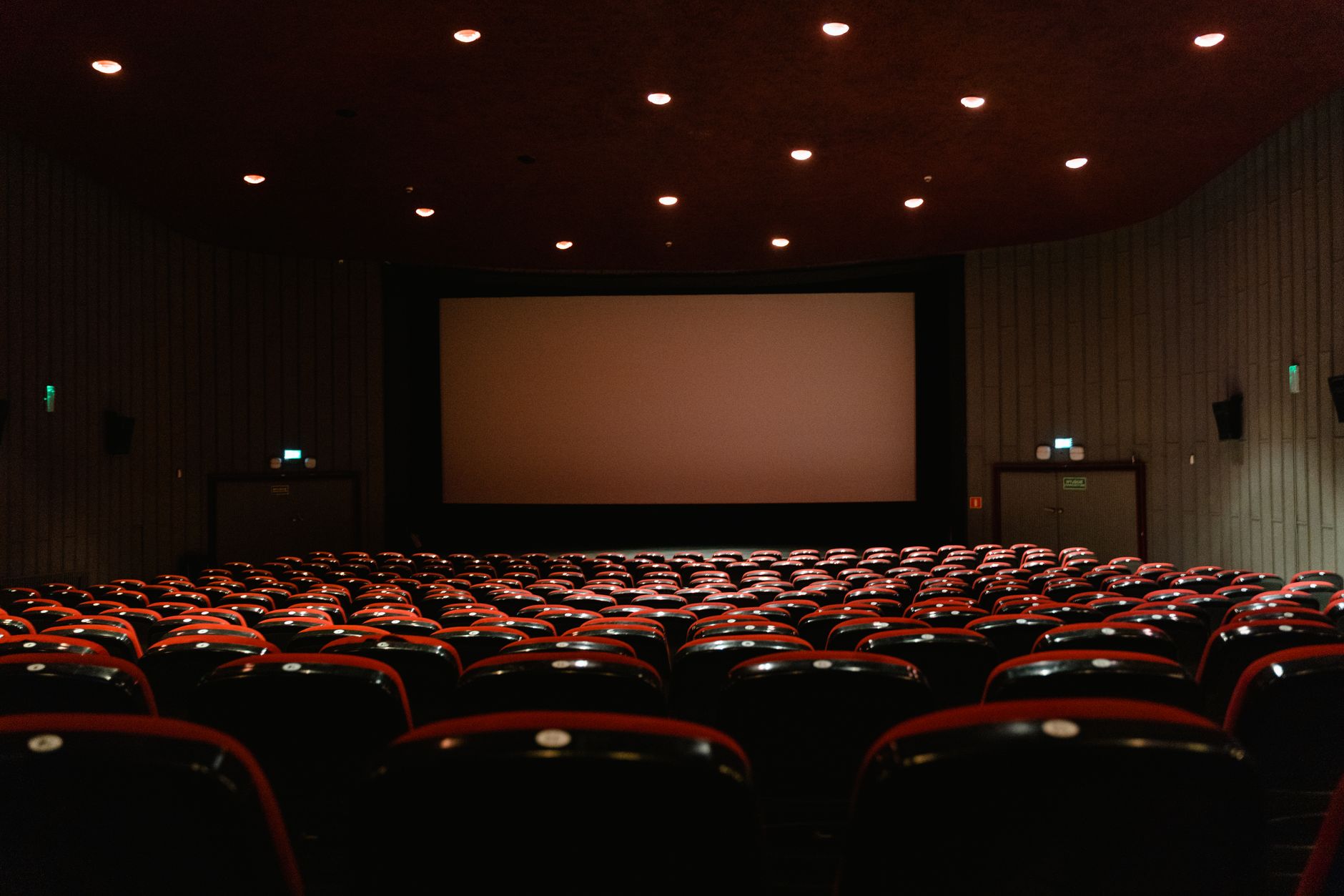 Audience watching a large cinematic screen in a darkened theater