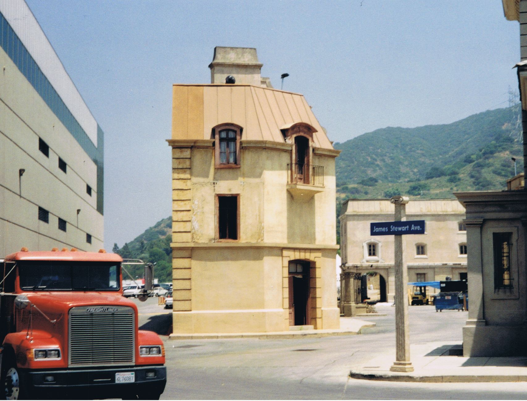 Exterior view of a major Hollywood studio lot with production buildings