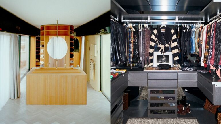 Inside the Closets of 13 Influential Men Featured by GQ Organized walk-in closet with dark wood shelving and neatly arranged clothing