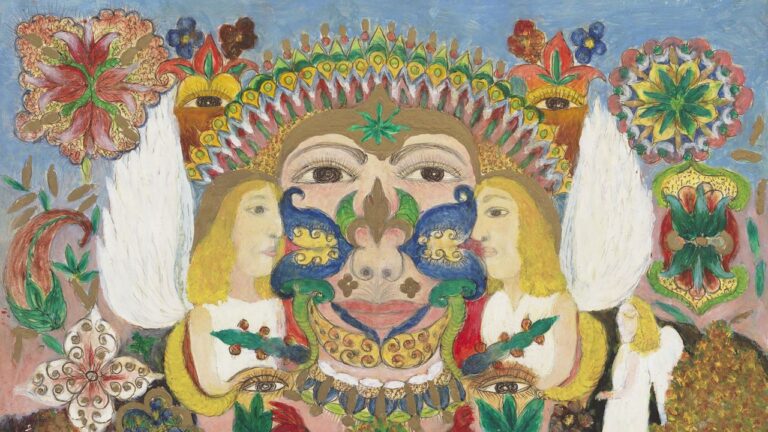 Minnie Evans at the Whitney Demands You Stop Trying to See Dense colorful painting with floral and figural imagery suggesting visionary folk art