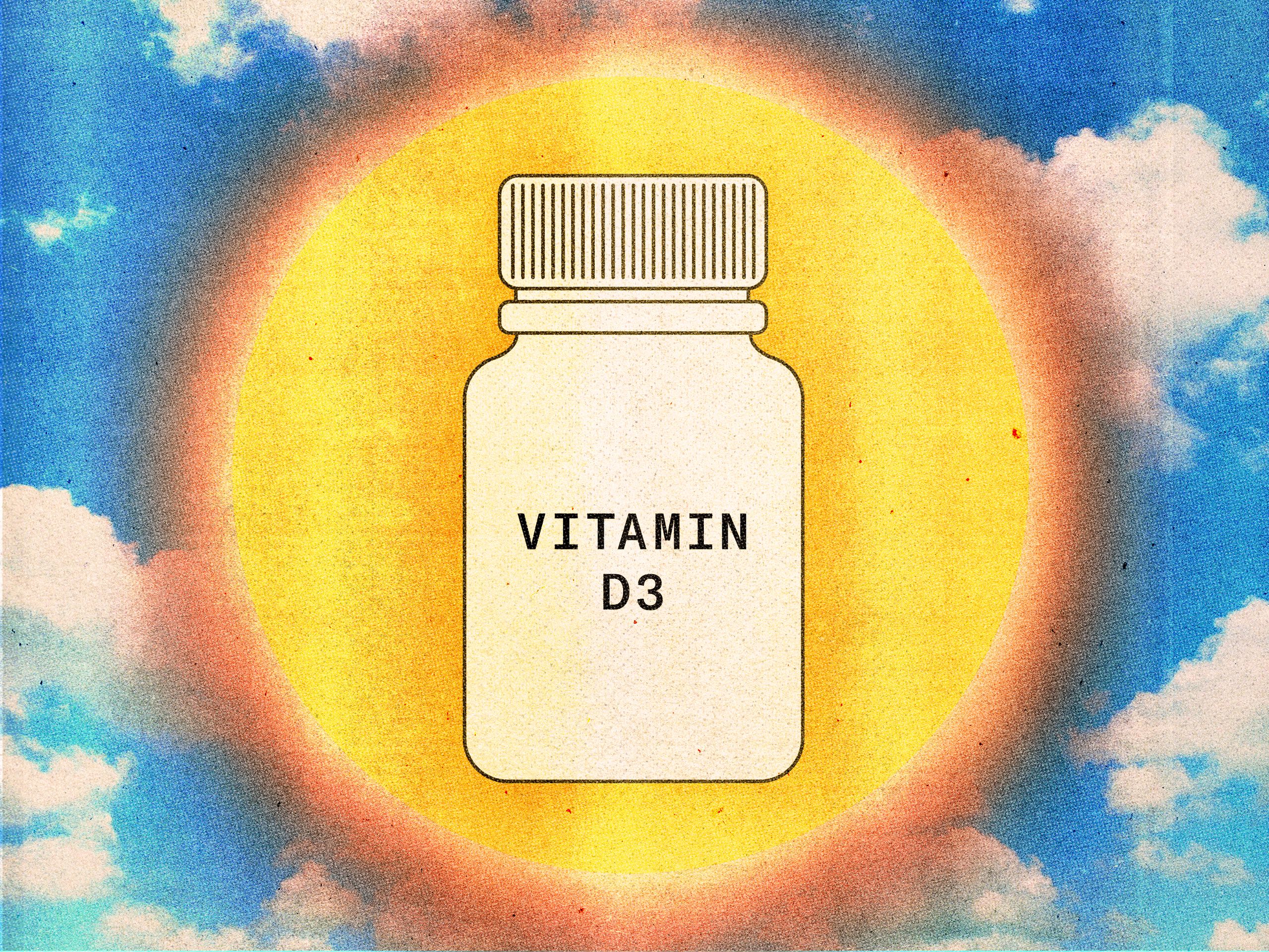 Clear vitamin D3 gel capsules arranged on a white surface