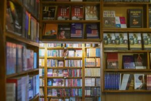 Empty bookshop shelves in a UK independent bookstore