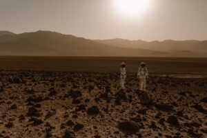 Reddish Martian surface terrain photographed from orbital perspective