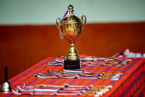A formal literary awards ceremony stage with a podium and dim lighting