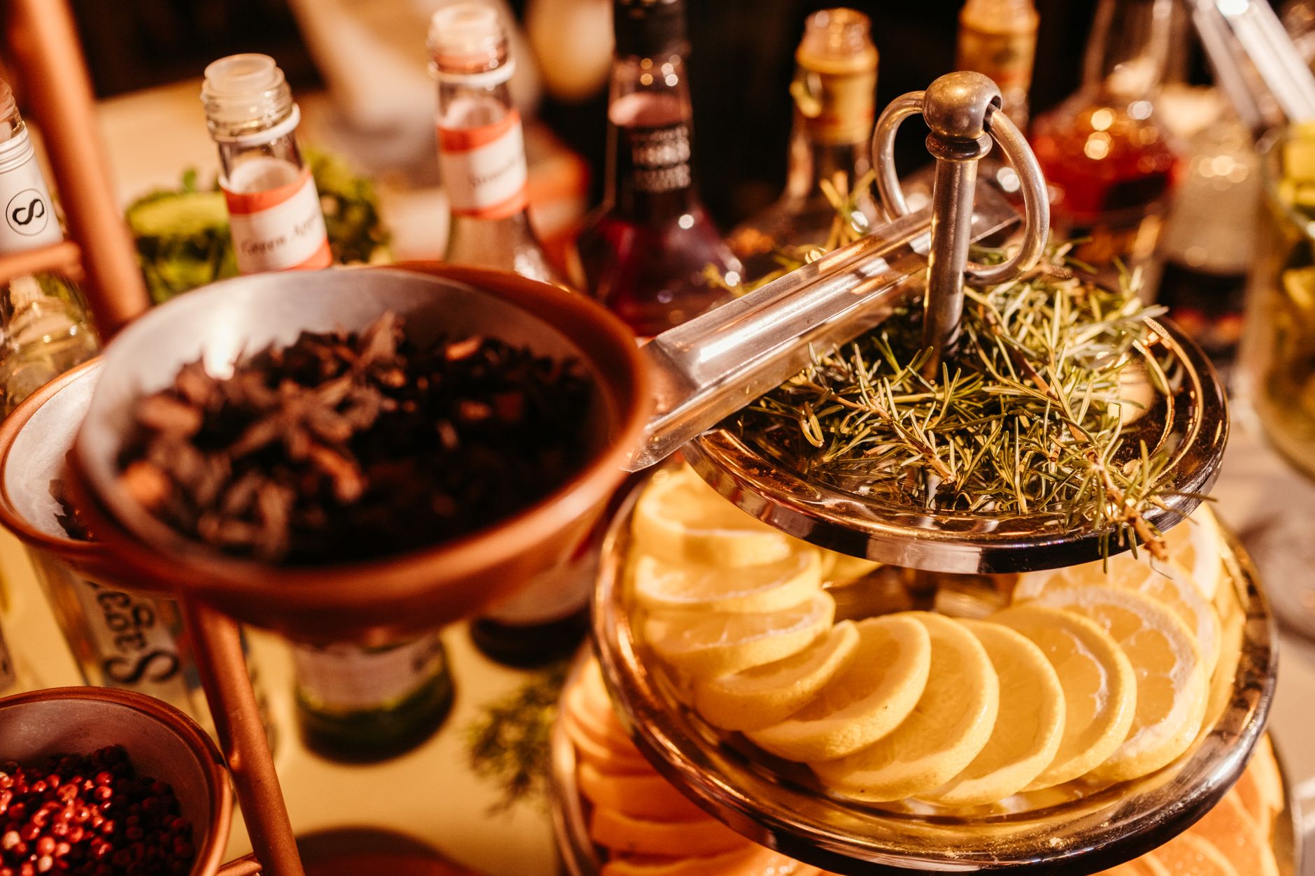 Assortment of non-alcoholic cocktails and mocktails displayed at a bar